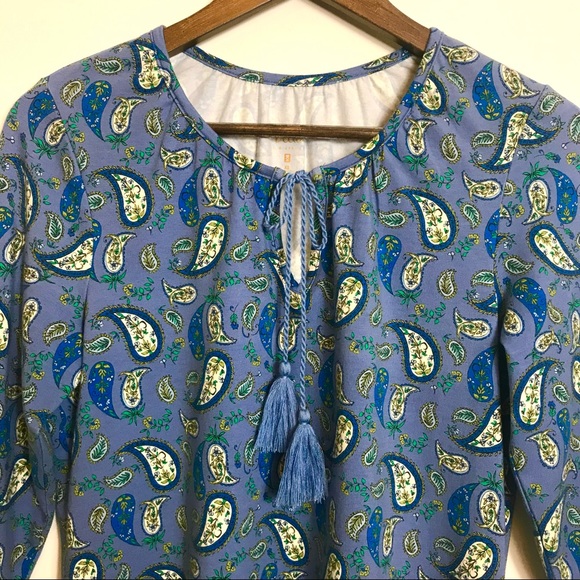 Belle by Kim Gravel TripleLuxe Knit Top Blue Paisley Tunic Keyhole Neck - Picture 5 of 12
